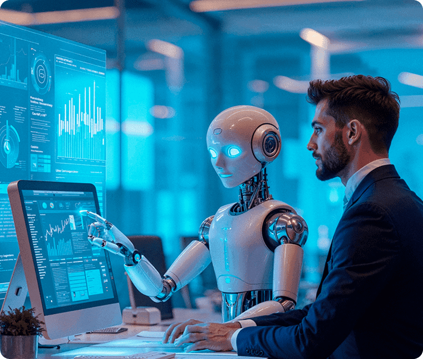 Team reviewing generative AI output alongside an AI assistant at a desk