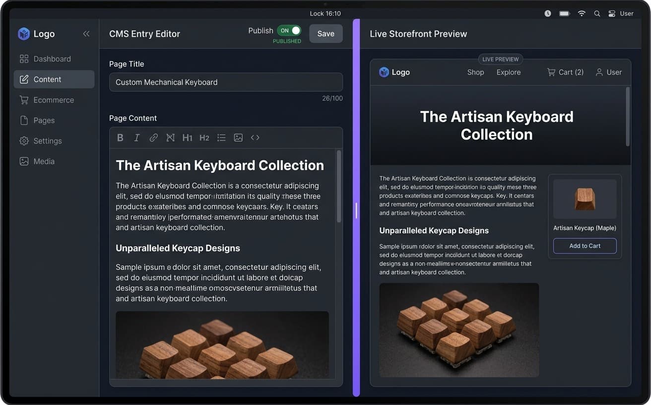 CMS entry editor beside a live storefront preview of the same page