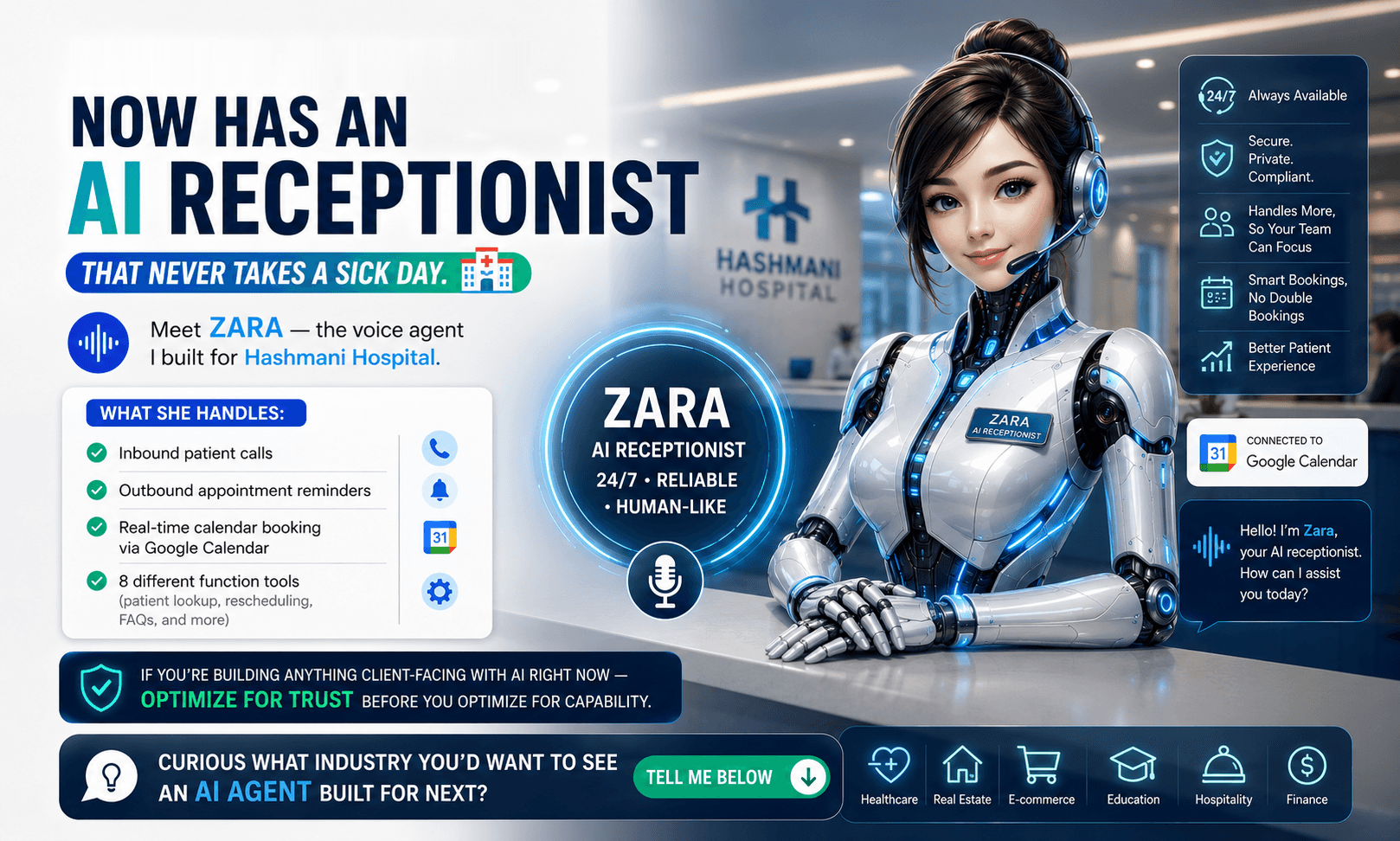 Zara, the AI voice receptionist I built, booking appointments through a live Google Calendar integration