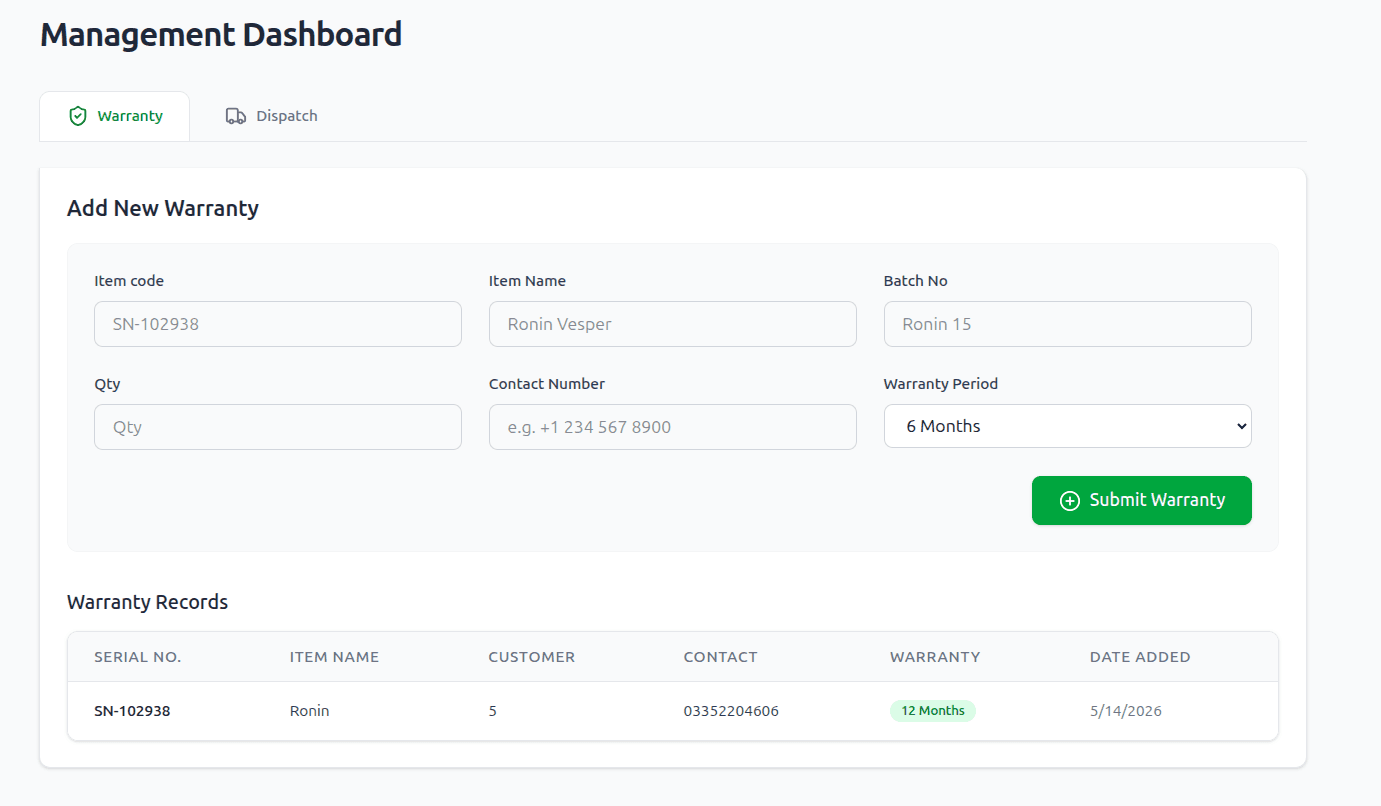 Ronin E-Warranty System & Management Dashboard screenshot 1