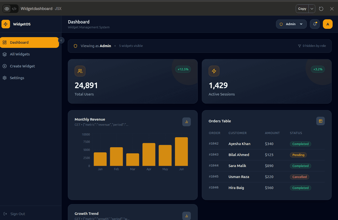 Widget OS Dashboard screenshot 1