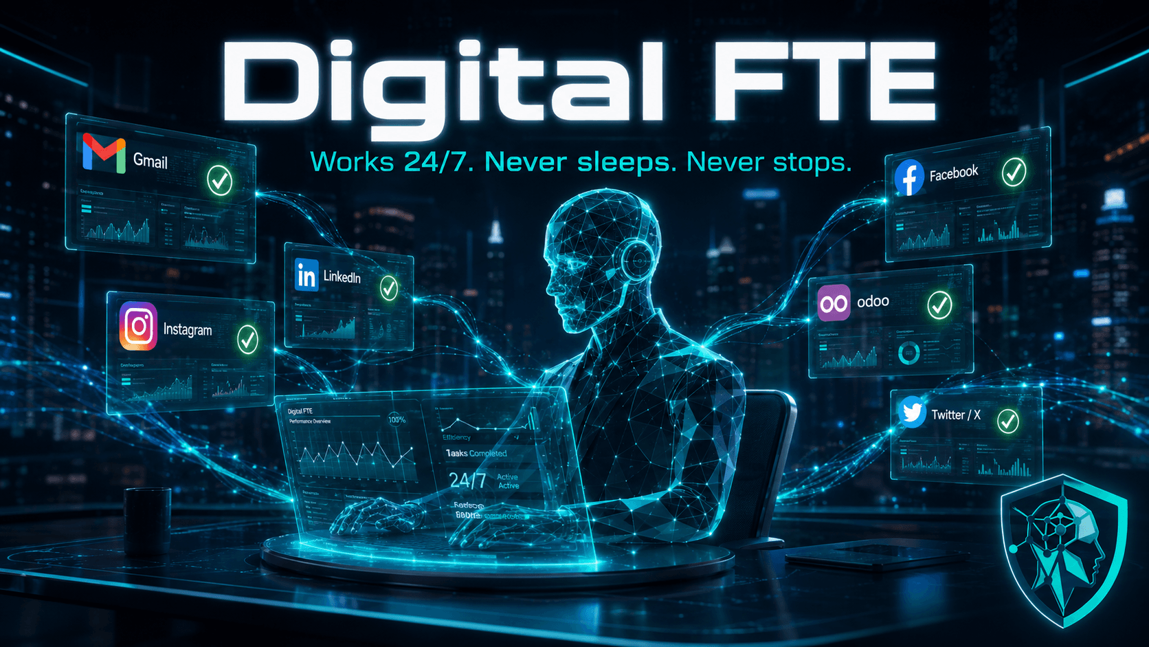 A Digital FTE at a console, running Gmail, LinkedIn, Instagram, Facebook, Odoo, and X in parallel around the clock