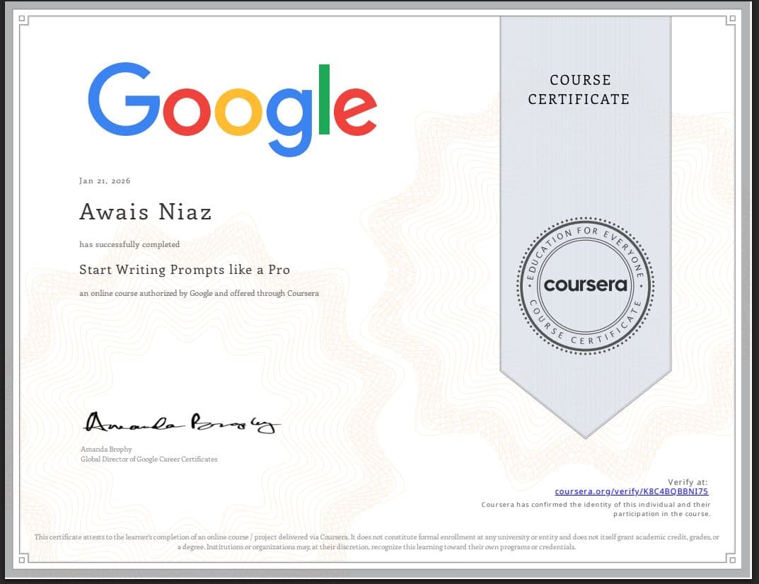 Start Writing Prompts like a Pro certificate issued by Google · Coursera
