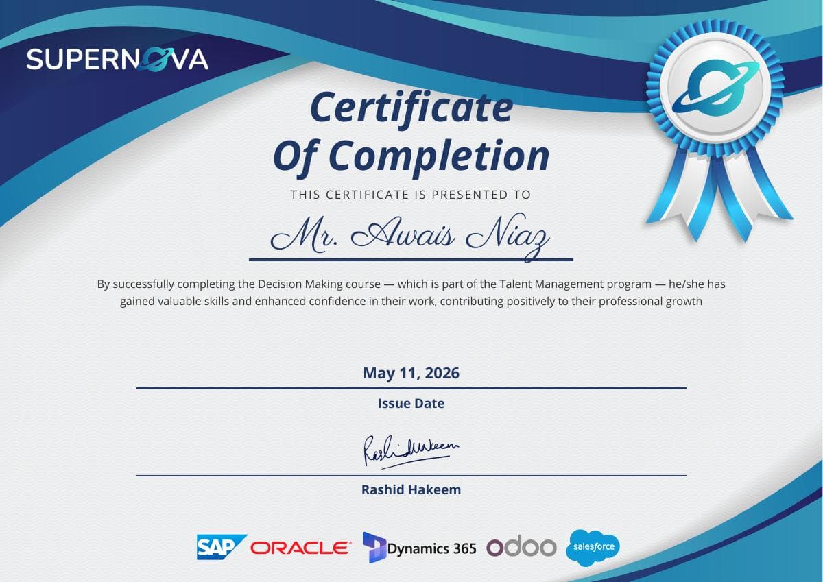 Decision Making certificate issued by SuperNova Solutions · Talent Management